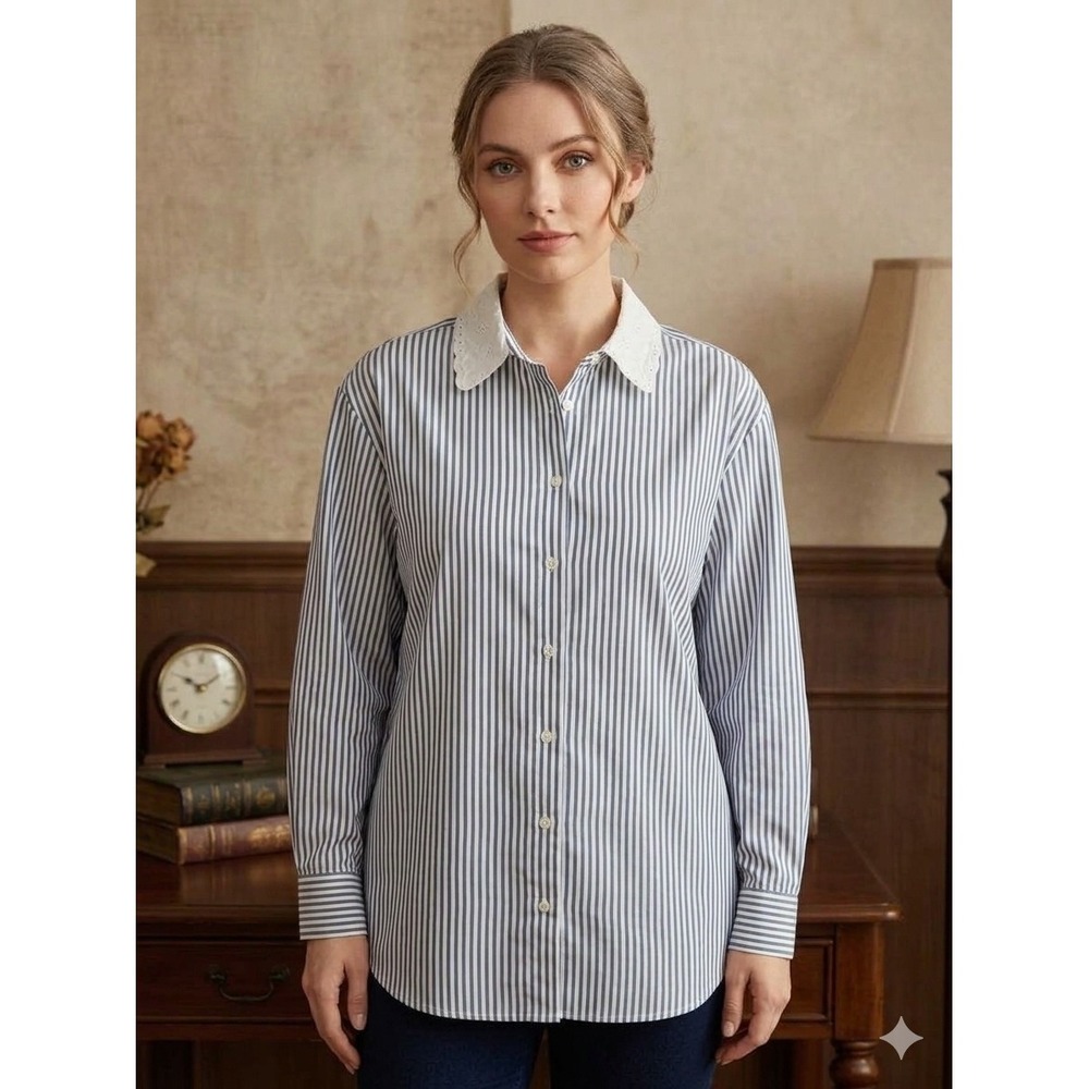 Gap x DOEN Blue White Striped Eyelet Lace Collar Cotton Shirt XL Oversized